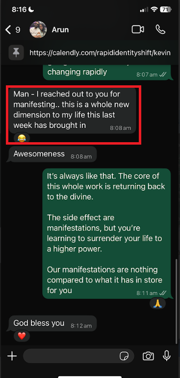 Arun client screenshot describing a new dimension to life after manifesting work