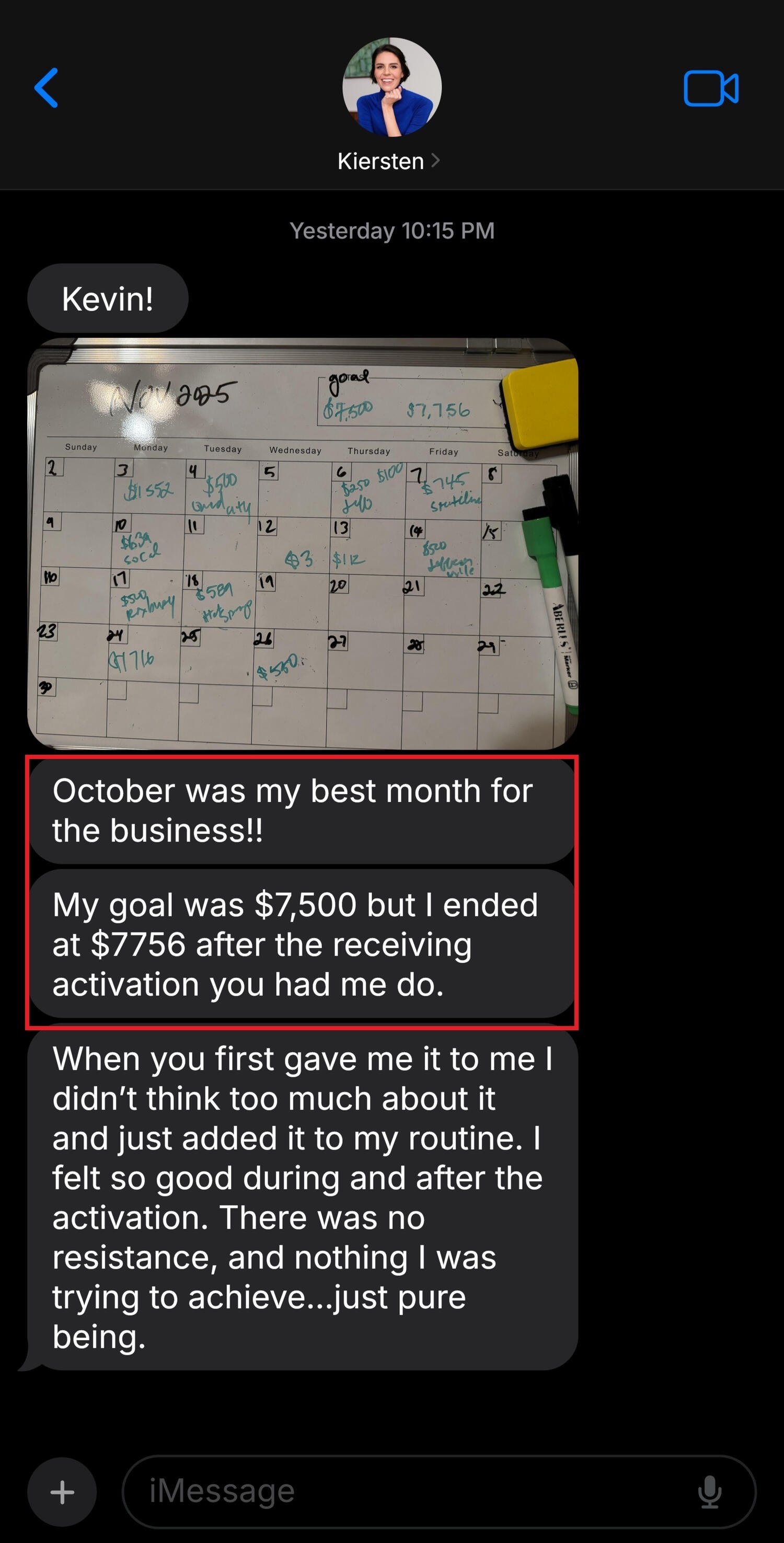 Kiersten client screenshot describing a best month in business and a 7,756 dollar result