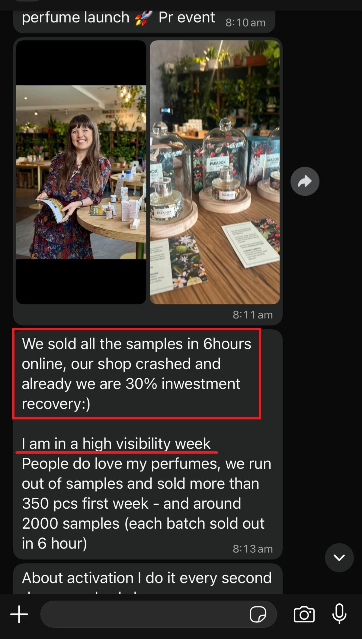 Client screenshot describing a perfume launch, sold-out samples, and investment recovery